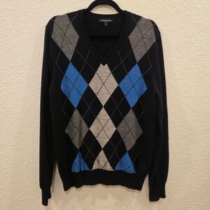 Express Design Studio Argyle Merino Wool V-Neck Sweater Mens M Black Preppy
